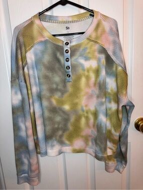 SO Pastel Tie-Dye Waffle Henley - Green, Pink & Blue